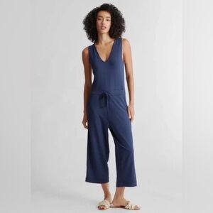 Quince French Terry Modal Jumpsuit Size Large Navy Blue Tie Front EUC